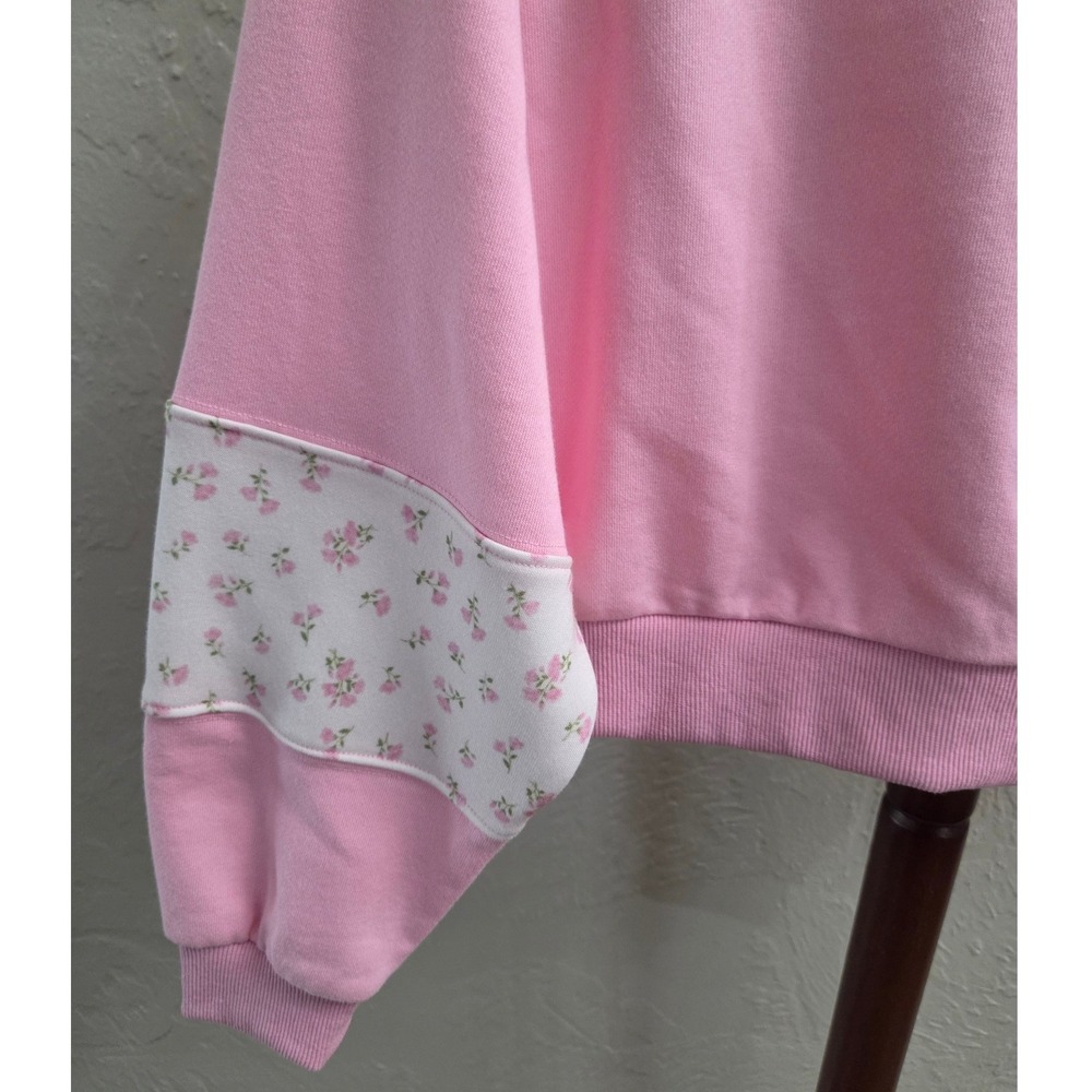 T189. Pink Floral Colorblock Cropped Crewneck Sweatshirt - Picture 5 of 5